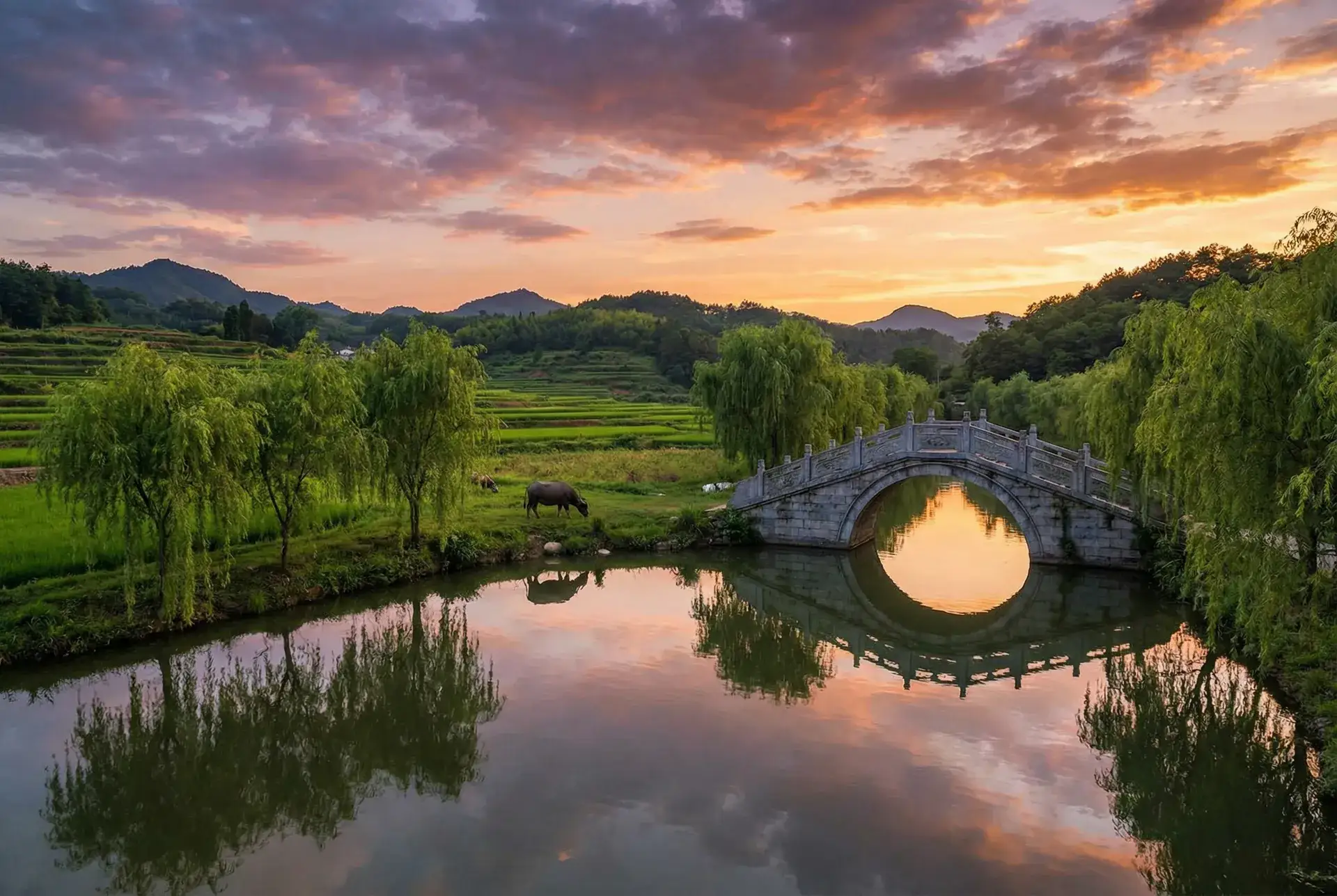 夕阳下的石拱桥与垂柳，水牛在河边吃草 - 虚颜电视剧 乡村美景